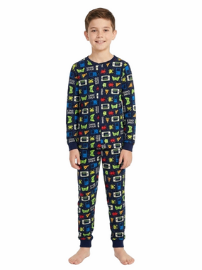 Kids Navy Video Game Print Pajama Onsies Footless Blue, Green, Red Youth Boy XL